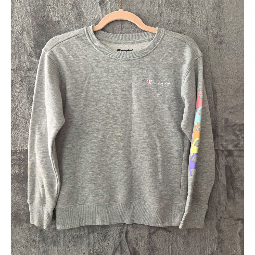 Champion Girl's Gray Sweatshirt L Fleece Crewneck Pullover Logo Sporty Soft Girl